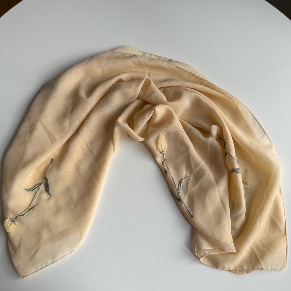 Vintage Scarf 3D Floral Appliqué Embellished Flowers Soft Cream Beige Sheer 70"